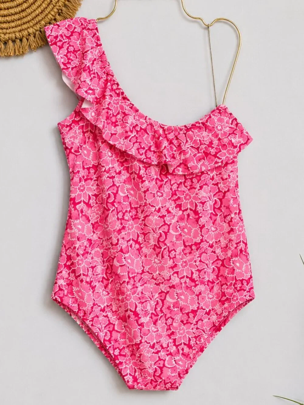J. Crew NEW One Shoulder Ruffle One Piece Pink Red Floral Swimsuit SZ Large Chic